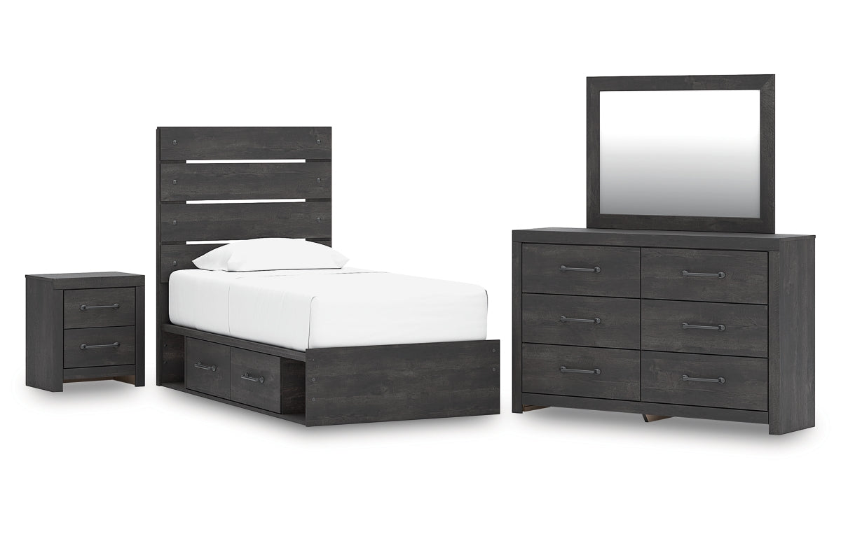 Hollivern Twin Panel Storage Bed with Mirrored Dresser and Nightstand