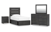 Hollivern Twin Panel Storage Bed with Mirrored Dresser and Nightstand