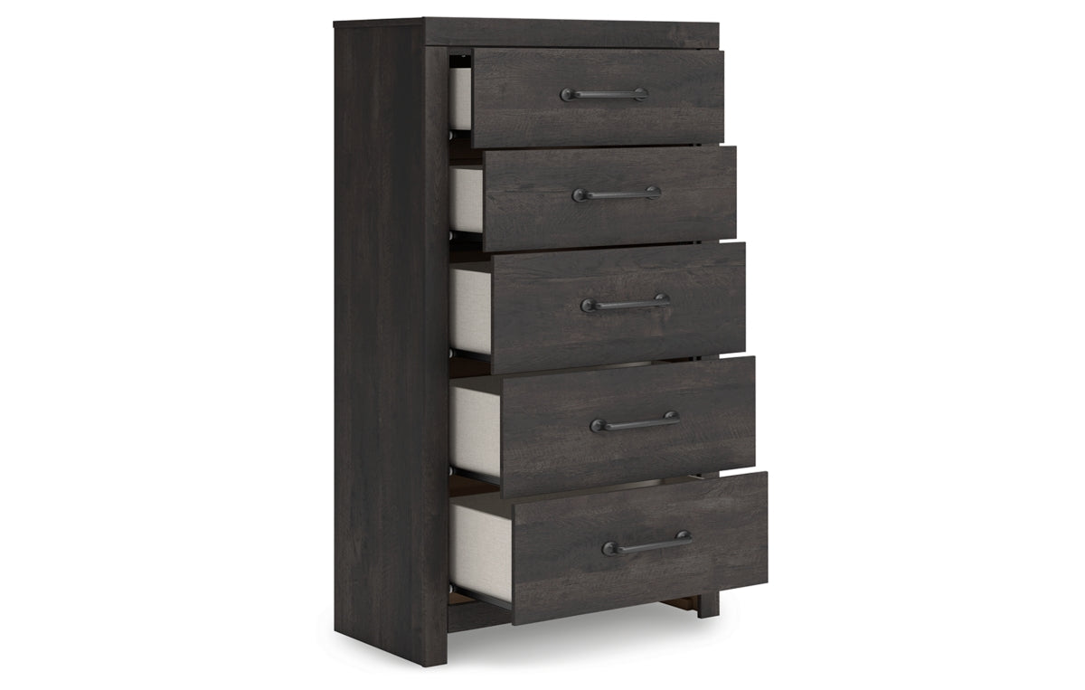 Hollivern Twin Panel Bed with Storage, Dresser, Mirror, Chest and Nightstand