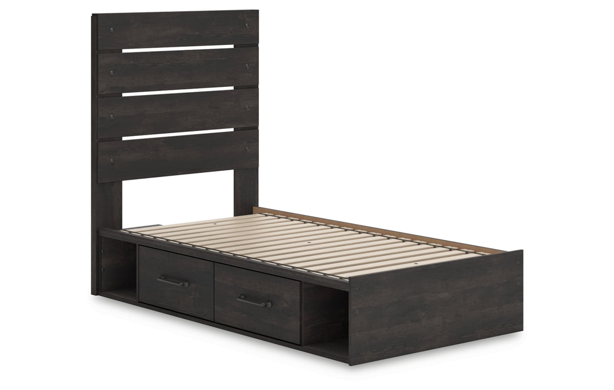 Hollivern Twin Panel Bed with Storage, Dresser, Mirror, Chest and Nightstand