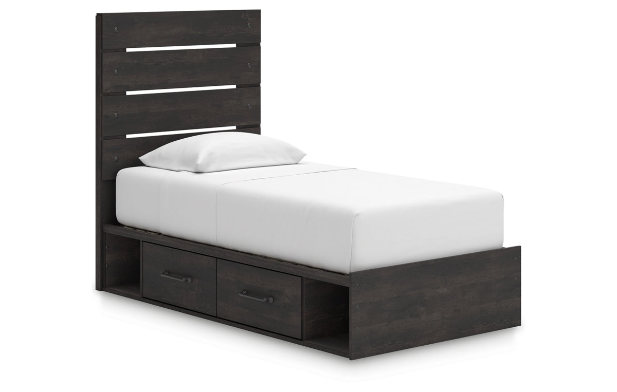 Hollivern Twin Panel Bed with Storage, Dresser, Mirror, Chest and Nightstand