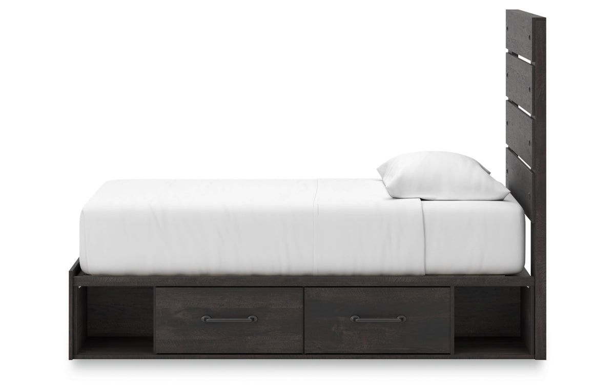 Hollivern Twin Panel Bed with Storage, Dresser, Mirror, Chest and Nightstand