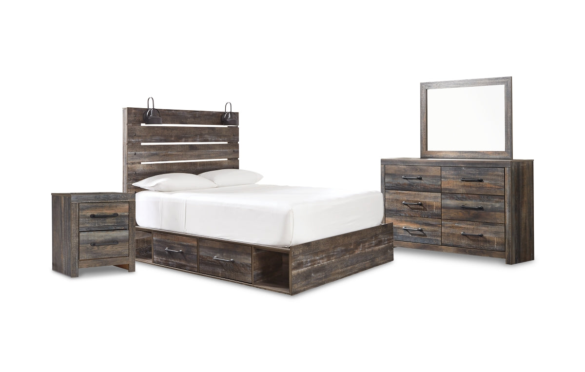 Drystan Queen Panel Bed with 2 Storage Drawers with Mirrored Dresser and Nightstand