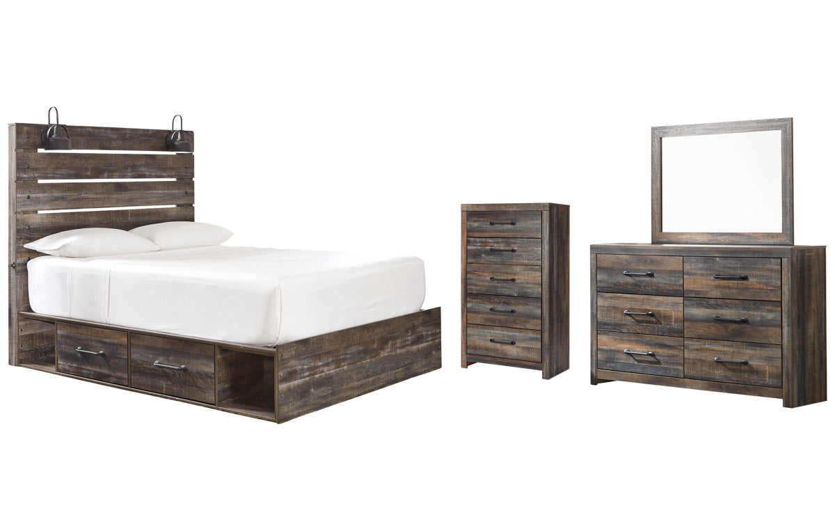 Drystan Twin Panel Bed with 2 Storage Drawers with Mirrored Dresser and Chest