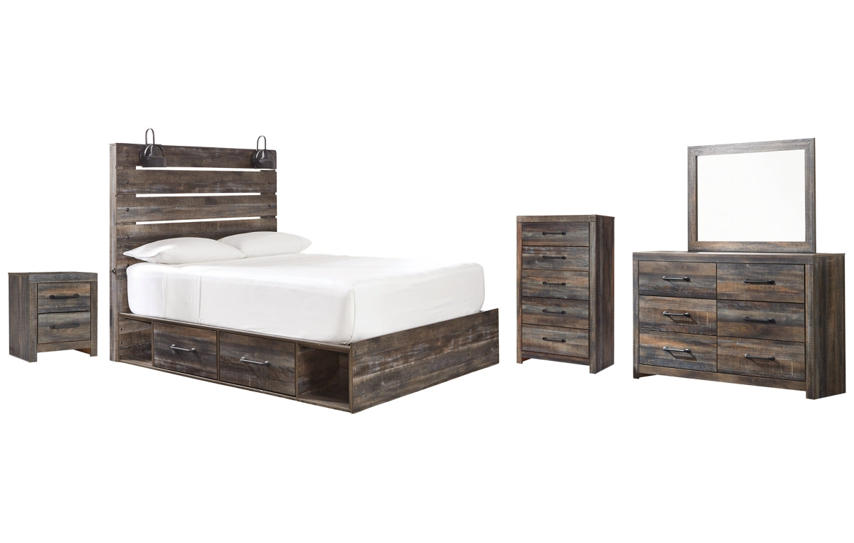 Drystan Twin Panel Bed with 2 Storage Drawers with Mirrored Dresser, Chest and Nightstand