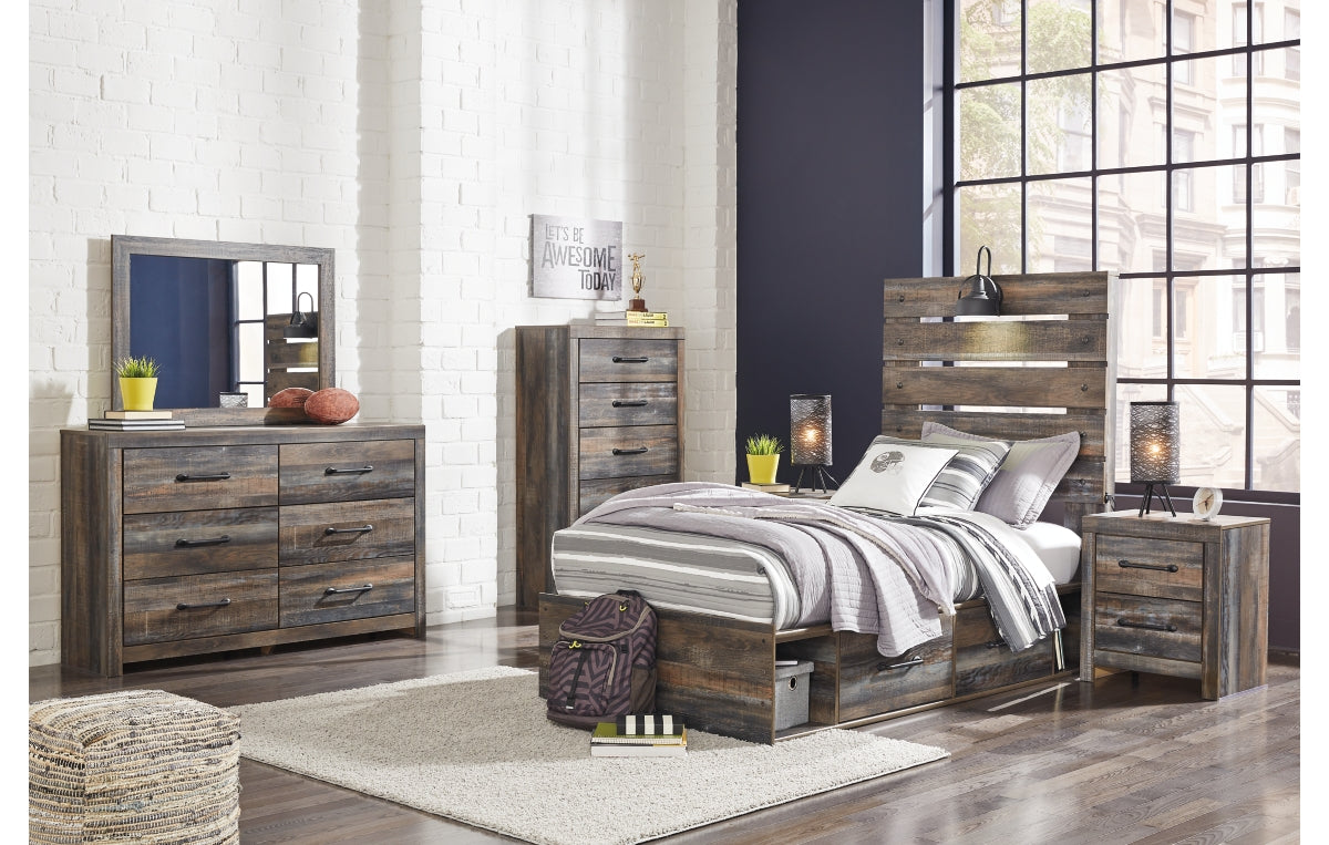 Drystan Twin Panel Headboard with Mirrored Dresser, Chest and Nightstand