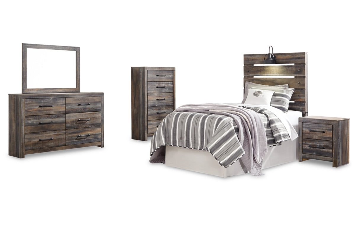 Drystan Twin Panel Headboard with Mirrored Dresser, Chest and Nightstand