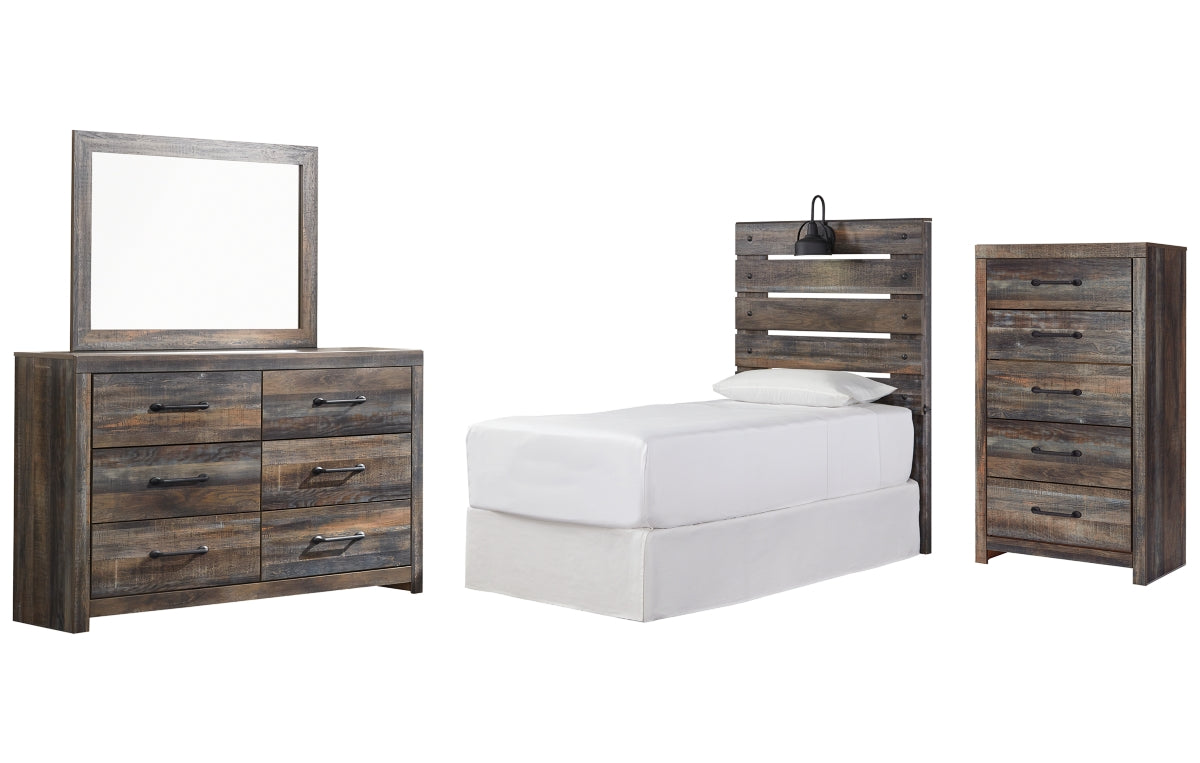 Drystan Twin Panel Headboard with Mirrored Dresser and Chest
