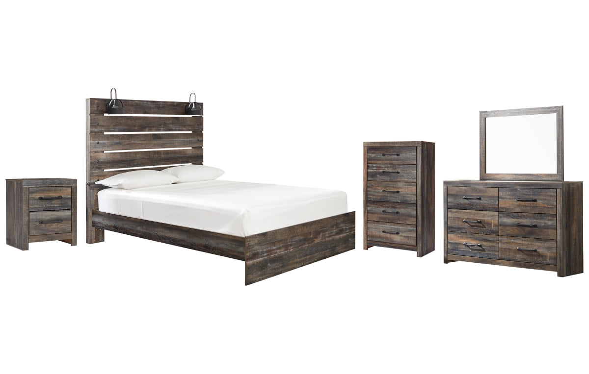 Drystan Queen Panel Bed with Mirrored Dresser, Chest and Nightstand