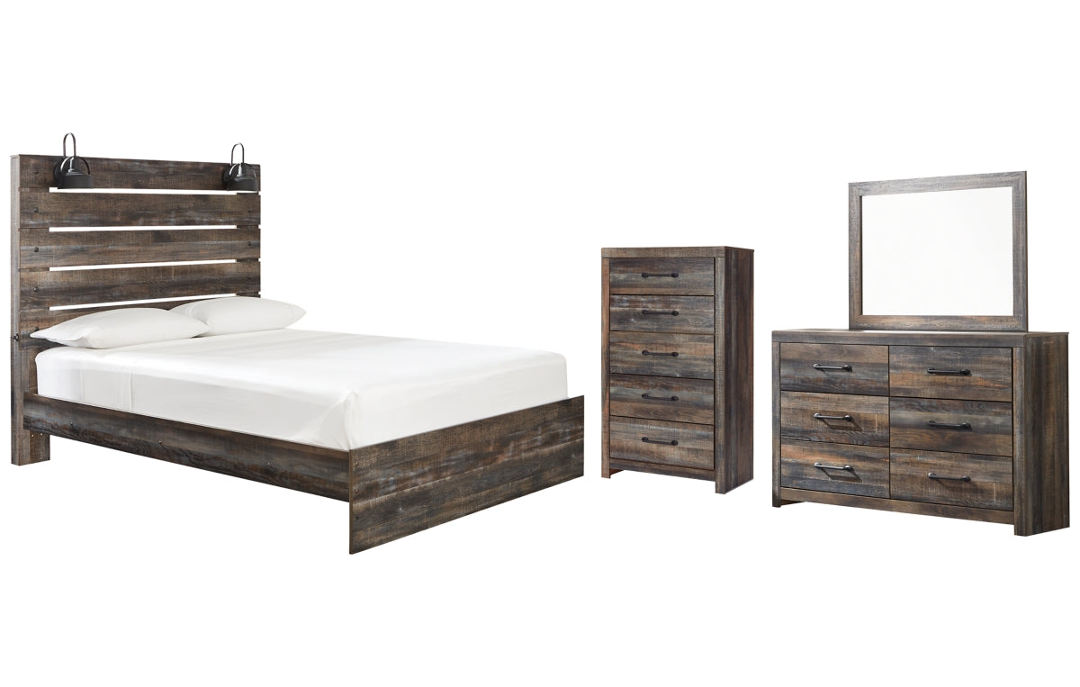 Drystan Queen Panel Bed with Mirrored Dresser and Chest