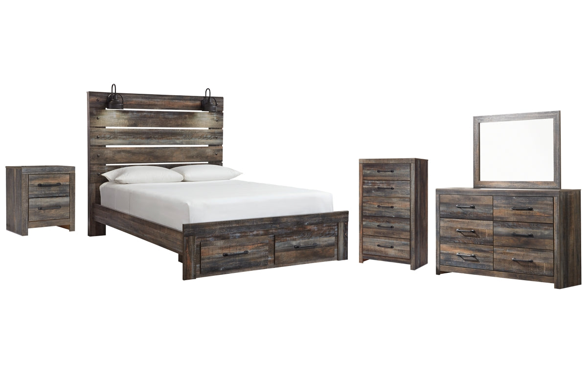 Drystan Queen Panel Bed with 2 Storage Drawers with Mirrored Dresser, Chest and Nightstand