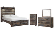 Drystan Queen Panel Bed with 2 Storage Drawers with Mirrored Dresser and Chest