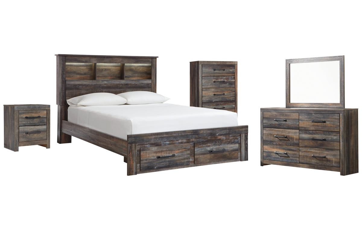 Drystan Queen Bookcase Bed with 2 Storage Drawers with Mirrored Dresser, Chest and Nightstand