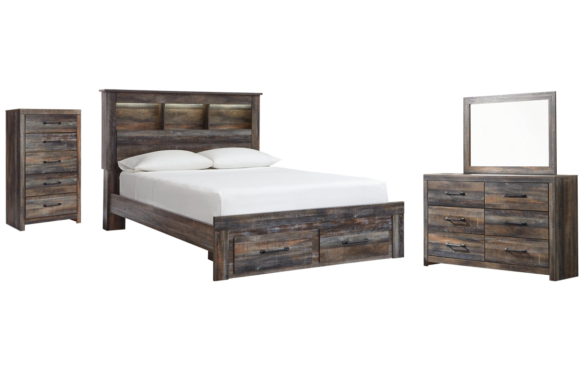 Drystan Queen Bookcase Bed with 2 Storage Drawers with Mirrored Dresser and Chest
