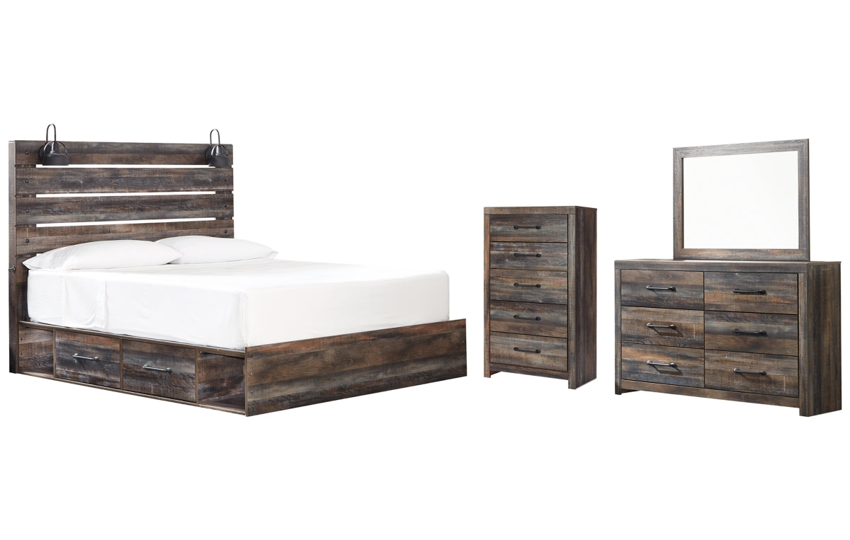Drystan King Panel Bed with 4 Storage Drawers with Mirrored Dresser and Chest
