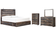 Drystan King Panel Bed with 4 Storage Drawers with Mirrored Dresser and Chest