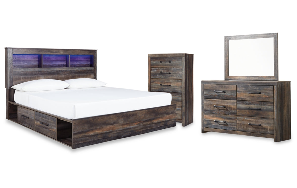 Drystan King Bookcase Bed with 2 Storage Drawers with Mirrored Dresser and Chest