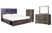 Drystan King Bookcase Bed with 2 Storage Drawers with Mirrored Dresser and Chest