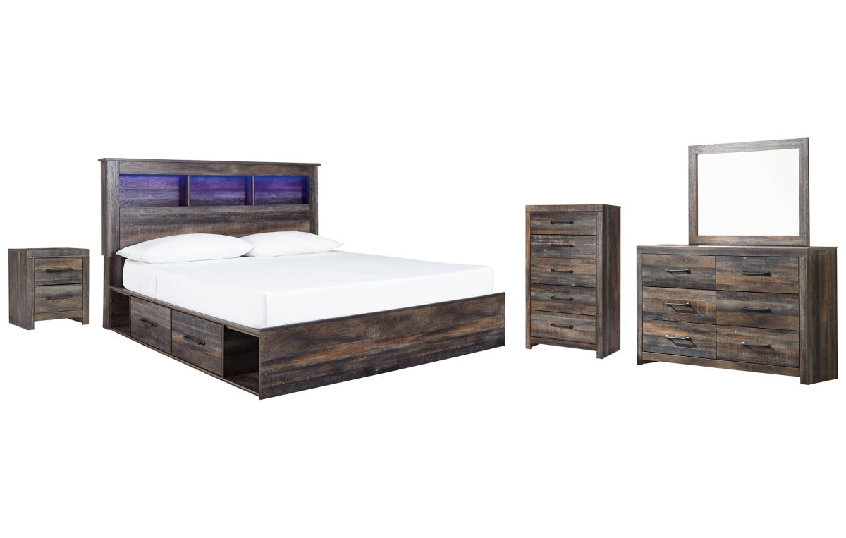 Drystan King Bookcase Bed with 2 Storage Drawers with Mirrored Dresser, Chest and Nightstand