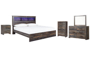 Drystan King Panel Bookcase Bed with Mirrored Dresser, Chest and Nightstand
