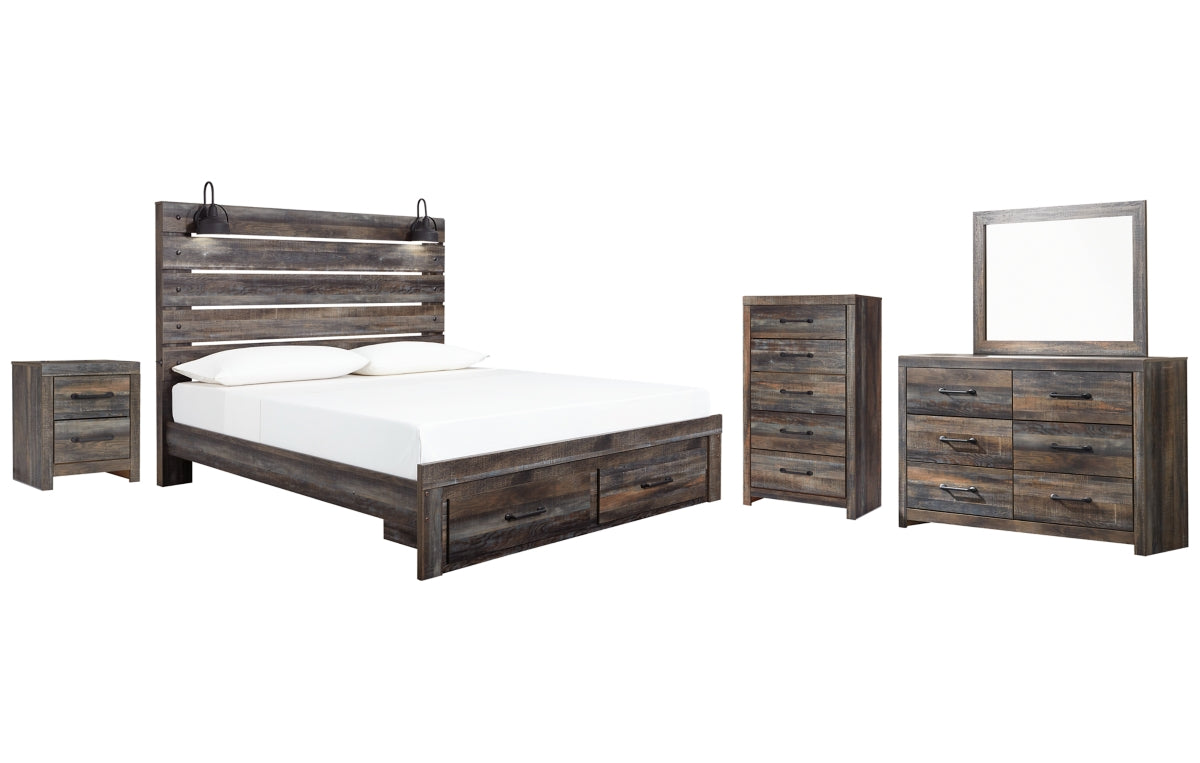Drystan King Panel Bed with Storage with Mirrored Dresser, Chest and Nightstand