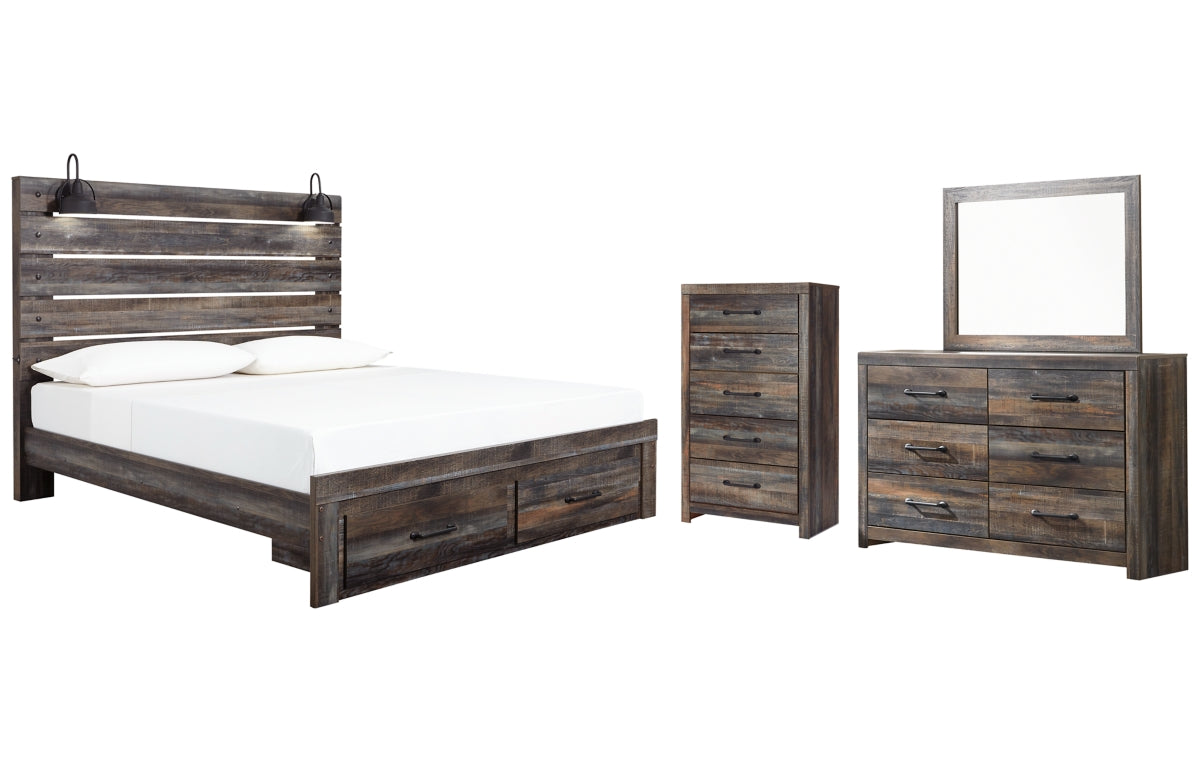 Drystan King Panel Bed with Storage with Mirrored Dresser and Chest
