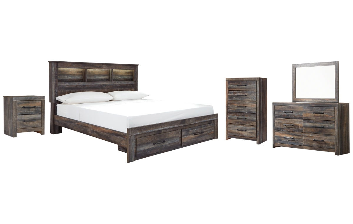 Drystan King Bookcase Bed with 2 Storage Drawers with Mirrored Dresser, Chest and Nightstand