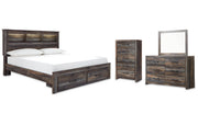 Drystan King Bookcase Bed with 2 Storage Drawers with Mirrored Dresser and Chest