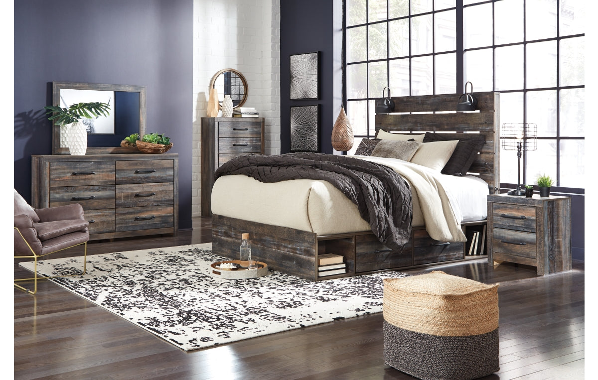 Drystan Queen Panel Bed with 2 Storage Drawers with Mirrored Dresser and Nightstand