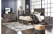 Drystan Queen Panel Bed with 2 Storage Drawers with Mirrored Dresser and Nightstand