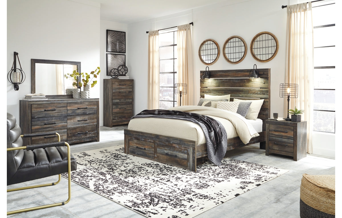 Drystan Queen Panel Bed with 2 Storage Drawers with Mirrored Dresser, Chest and Nightstand