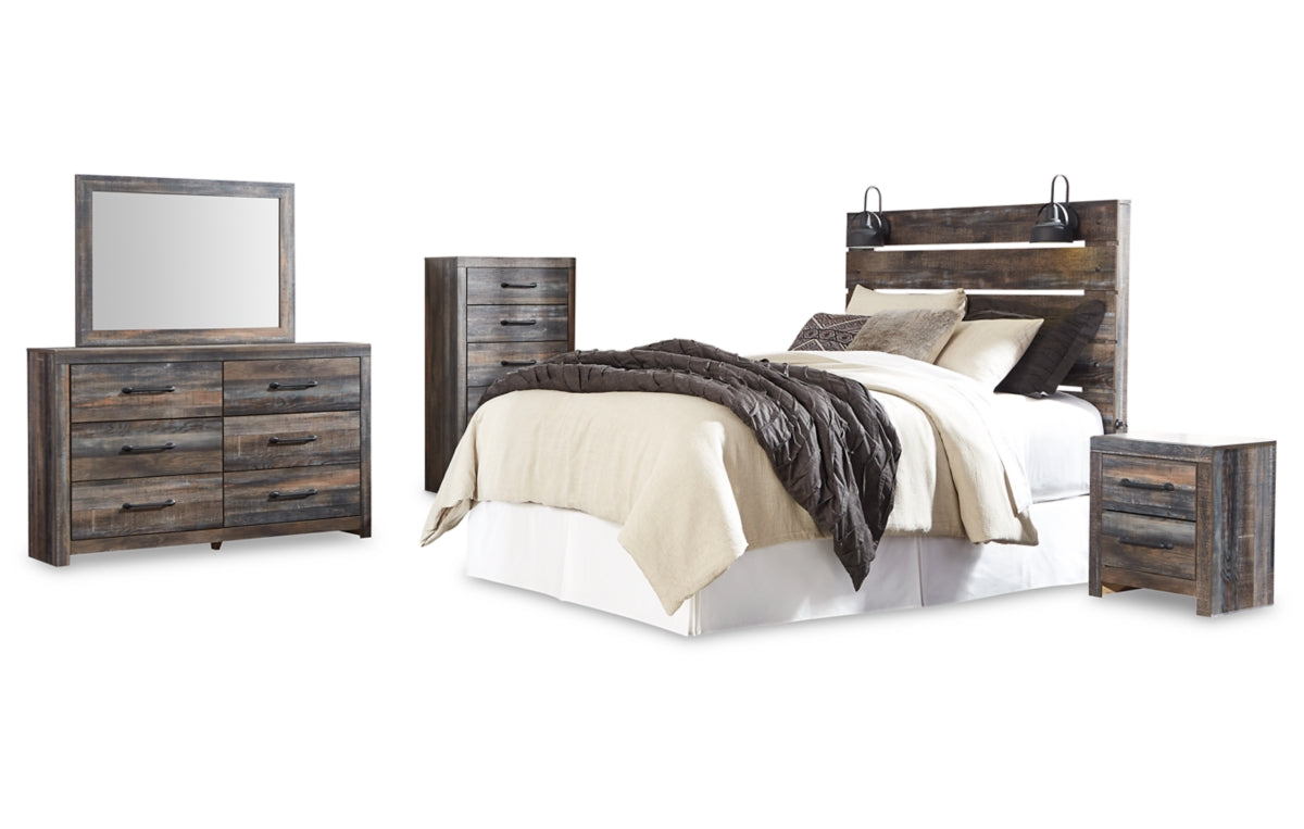 Drystan Queen Panel Headboard with Mirrored Dresser, Chest and Nightstand
