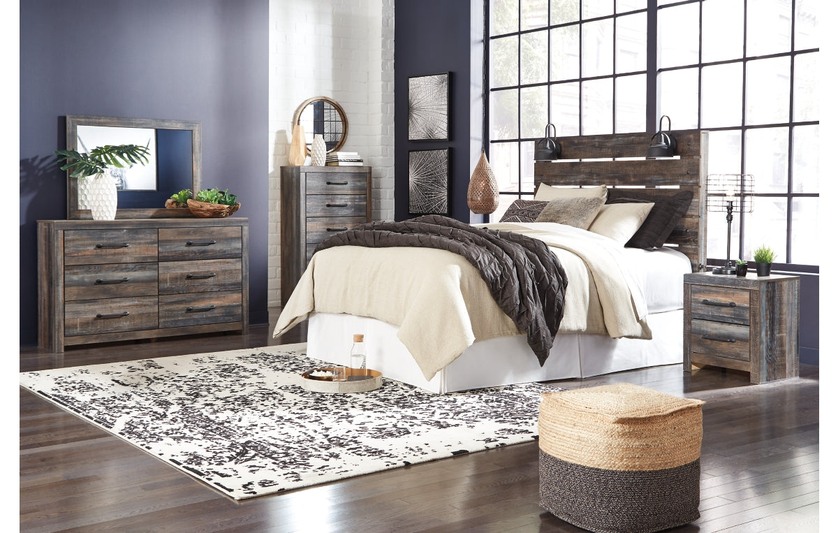 Drystan Queen Panel Headboard with Mirrored Dresser, Chest and Nightstand