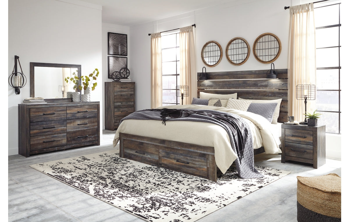Drystan King Panel Bed with Storage with Mirrored Dresser, Chest and Nightstand