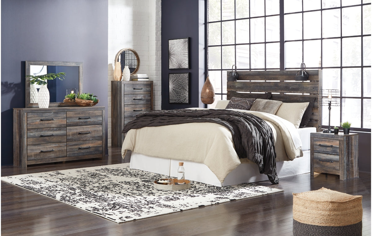 Drystan King Panel Headboard with Mirrored Dresser, Chest and Nightstand