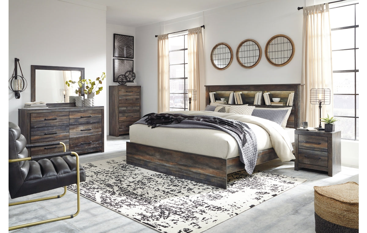 Drystan King Panel Bookcase Bed with Mirrored Dresser, Chest and Nightstand