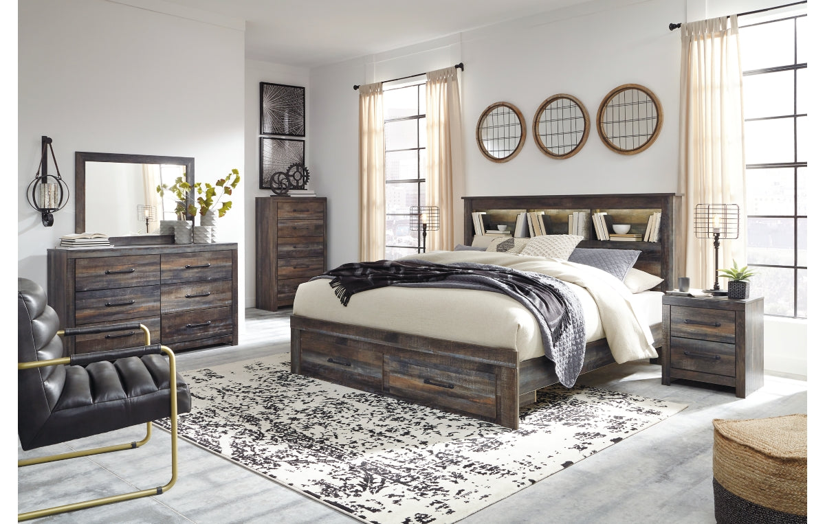 Drystan Queen Bookcase Bed with 2 Storage Drawers with Mirrored Dresser and Chest