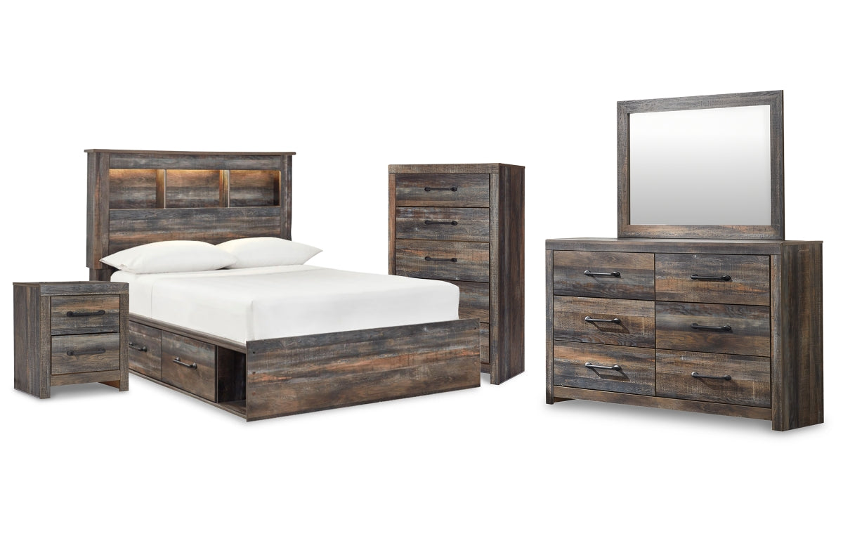 Drystan Full Bookcase Bed with 2 Storage Drawers with Mirrored Dresser, Chest and Nightstand