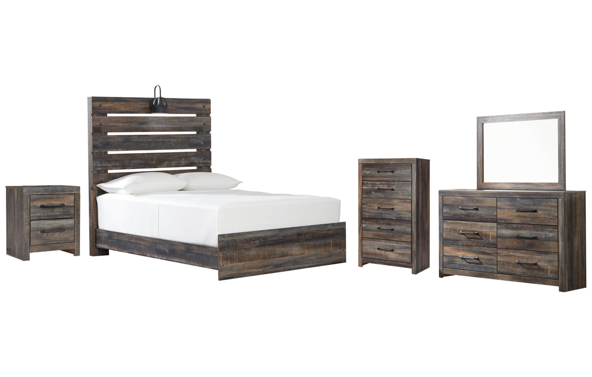 Drystan Full Panel Bed with Mirrored Dresser, Chest and Nightstand