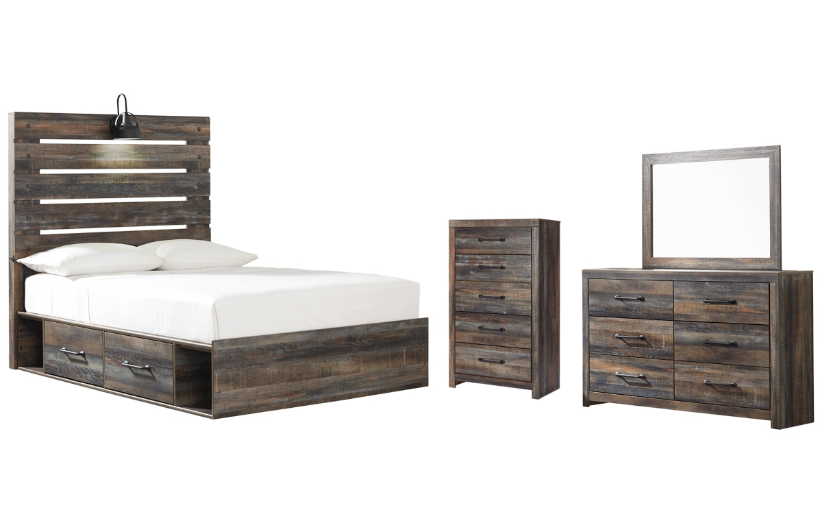Drystan Full Panel Bed with 2 Storage Drawers with Mirrored Dresser and Chest
