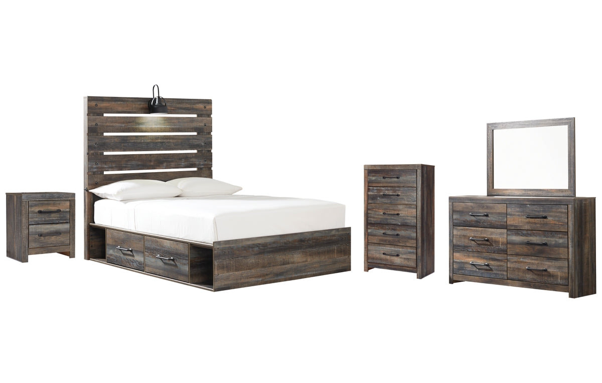 Drystan Full Panel Bed with 2 Storage Drawers with Mirrored Dresser, Chest and Nightstand