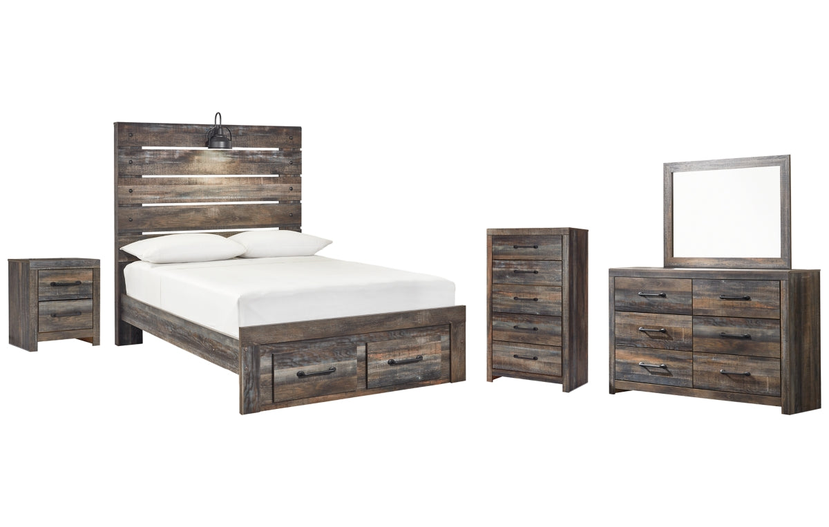 Drystan Full Panel Bed with 2 Storage Drawers with Mirrored Dresser, Chest and Nightstand
