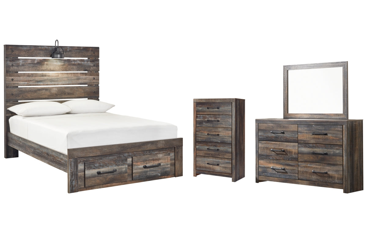 Drystan Full Panel Bed with 2 Storage Drawers with Mirrored Dresser and Chest