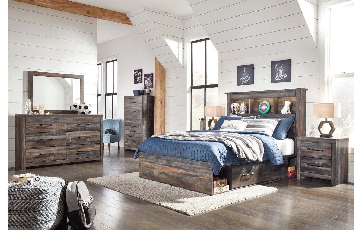 Drystan Full Bookcase Bed with 4 Storage Drawers with Mirrored Dresser, Chest and Nightstand