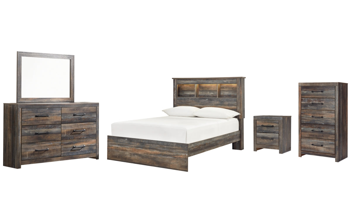 Drystan Full Bookcase Bed with Mirrored Dresser, Chest and Nightstand