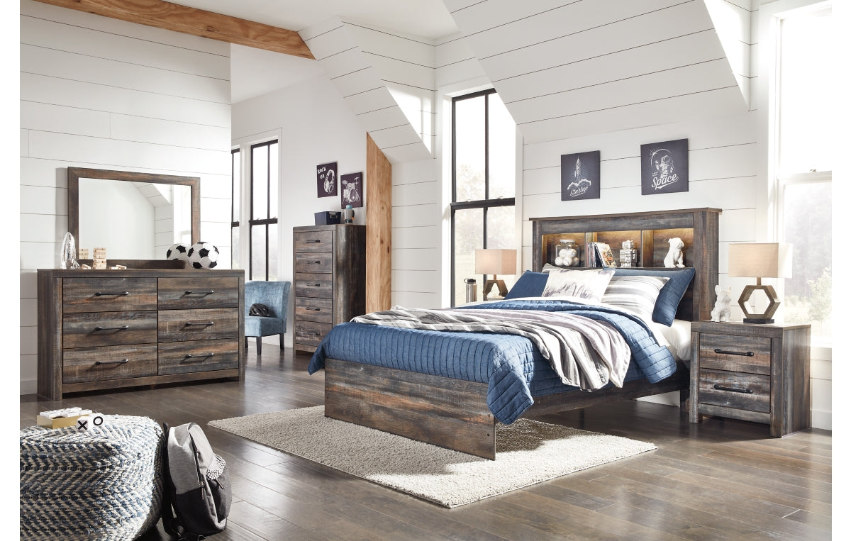 Drystan Full Bookcase Bed with Mirrored Dresser and Chest
