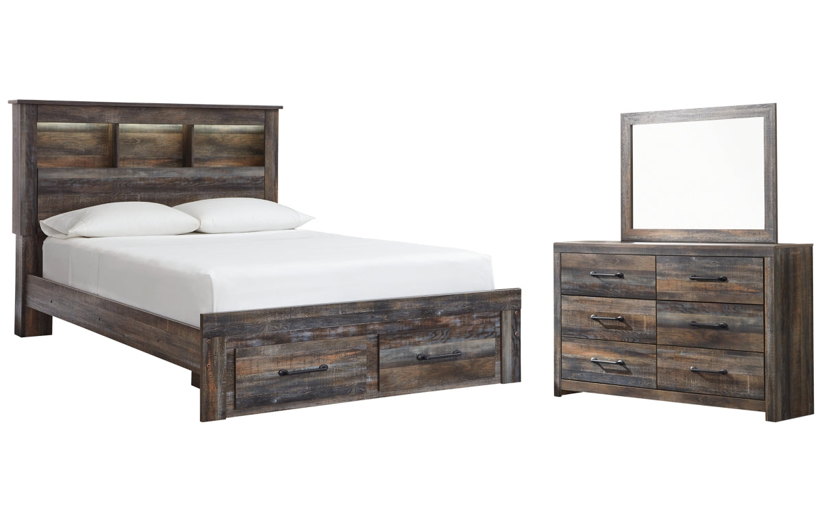 Drystan Queen Bookcase Bed with 2 Storage Drawers with Mirrored Dresser