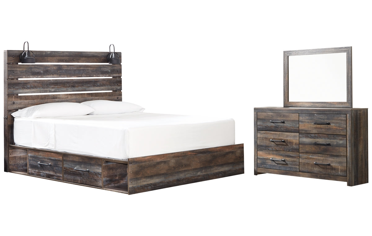 Drystan King Panel Bed with 4 Storage Drawers with Mirrored Dresser