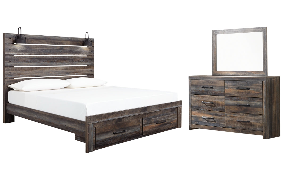 Drystan King Panel Bed with Storage with Mirrored Dresser