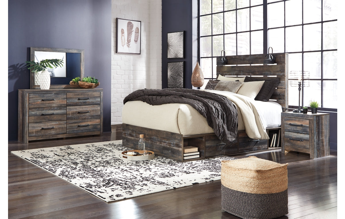 Drystan King Panel Bed with 4 Storage Drawers with Mirrored Dresser, Chest and Nightstand